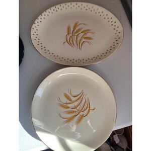Vintage Golden Wheat plates 22K Gold Trim Made in USA  3 Plates, 1 platter